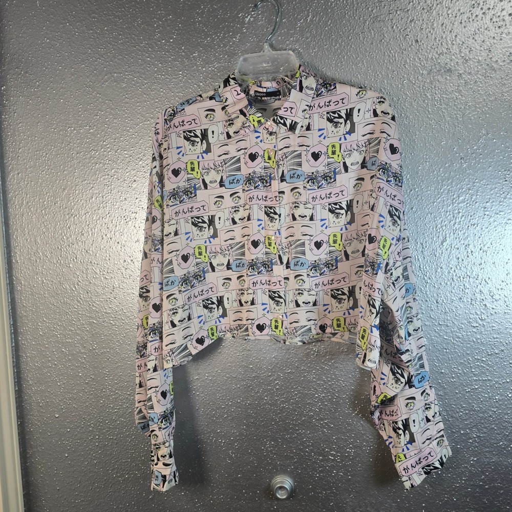 Cropp Anime Manga Panel Print Cropped Button Down Shirt XL Pink Streetwear